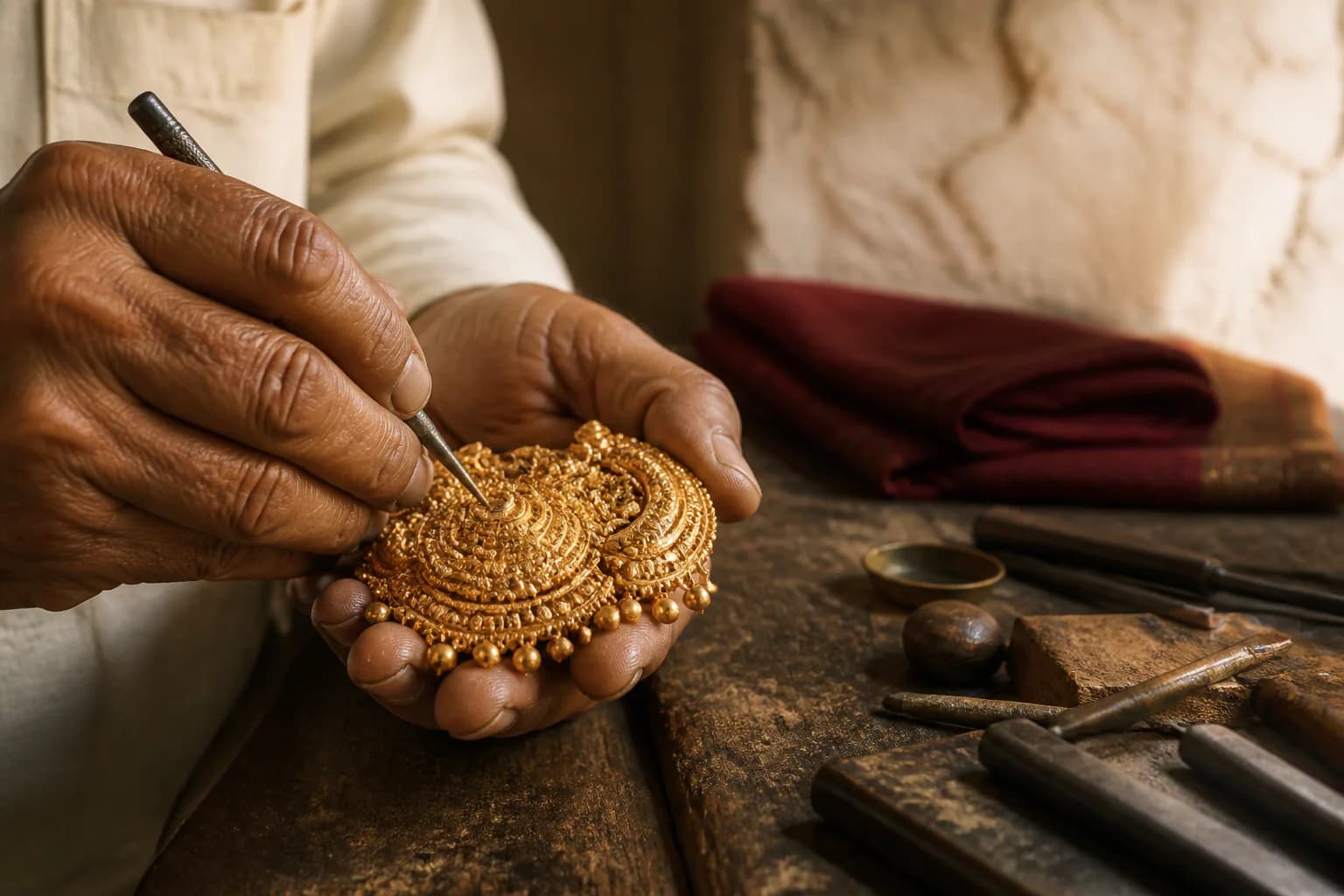 Master artisan engraving an intricate gold pendant by hand