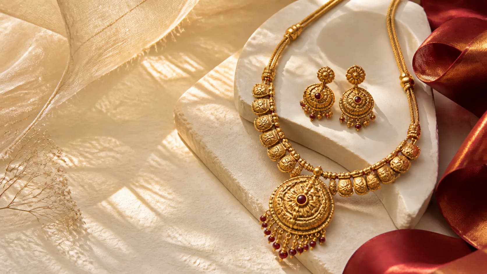Gold necklace and earrings arranged on warm ivory stone